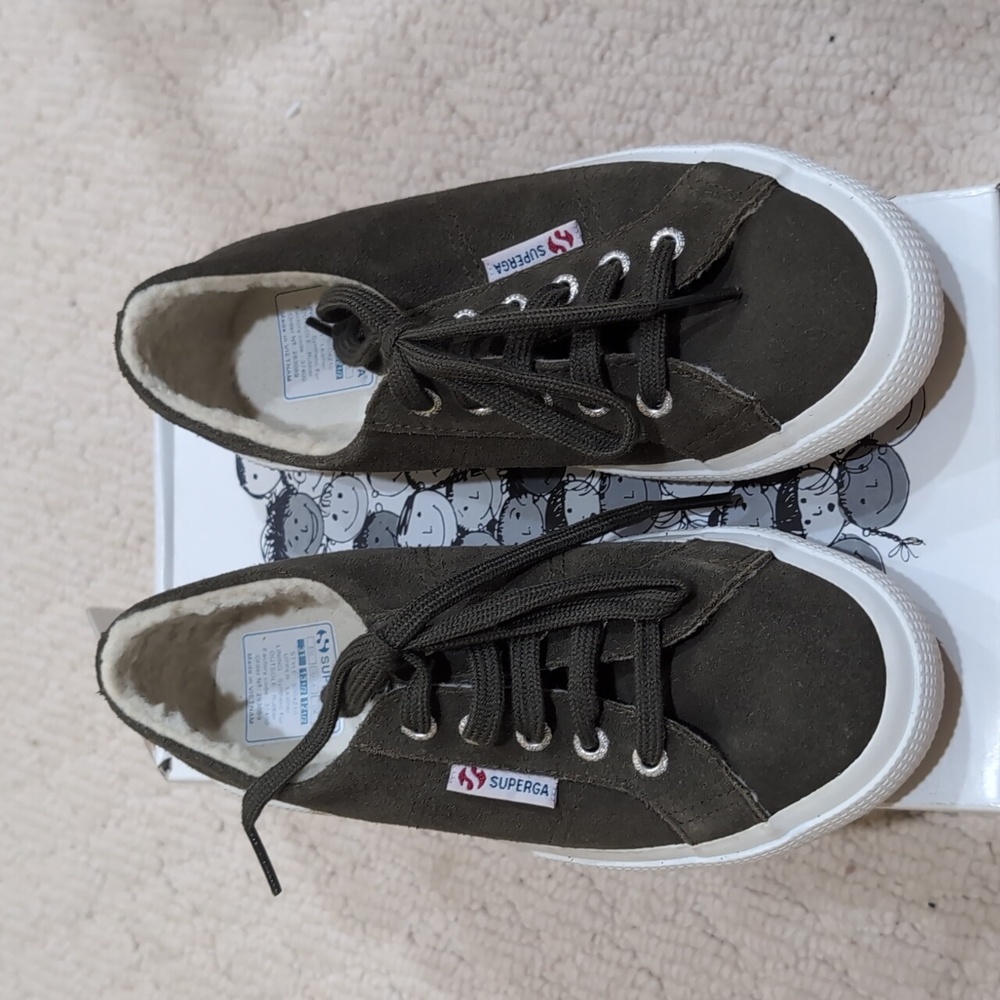 Superga Green Olive Suede Sneakers White Soles And Faux Shearling Sz 12.5US EU30